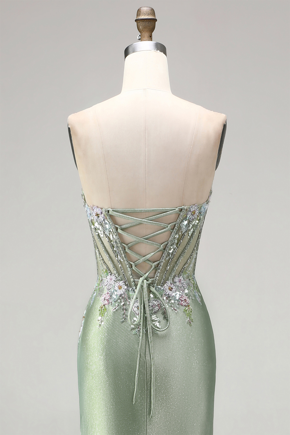 Light Green Floral Corset Sweetheart Long Prom Dress with Slit