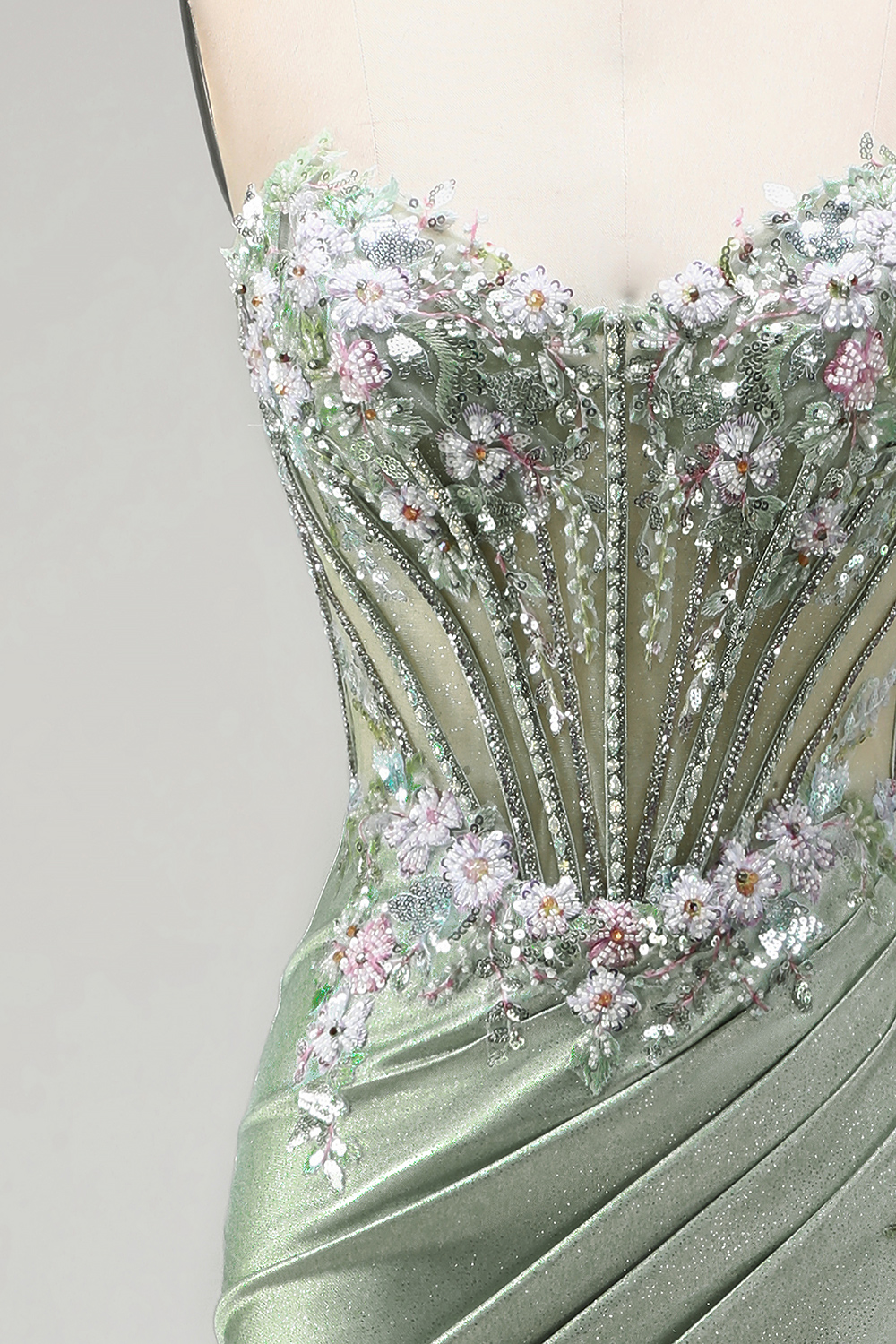 Light Green Floral Corset Sweetheart Long Prom Dress with Slit