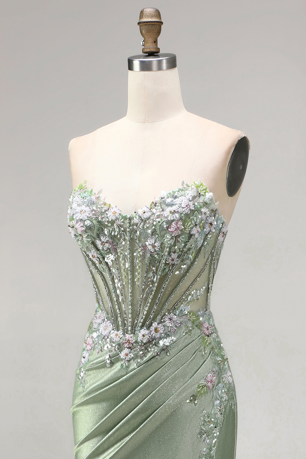 Light Green Floral Corset Sweetheart Long Prom Dress with Slit