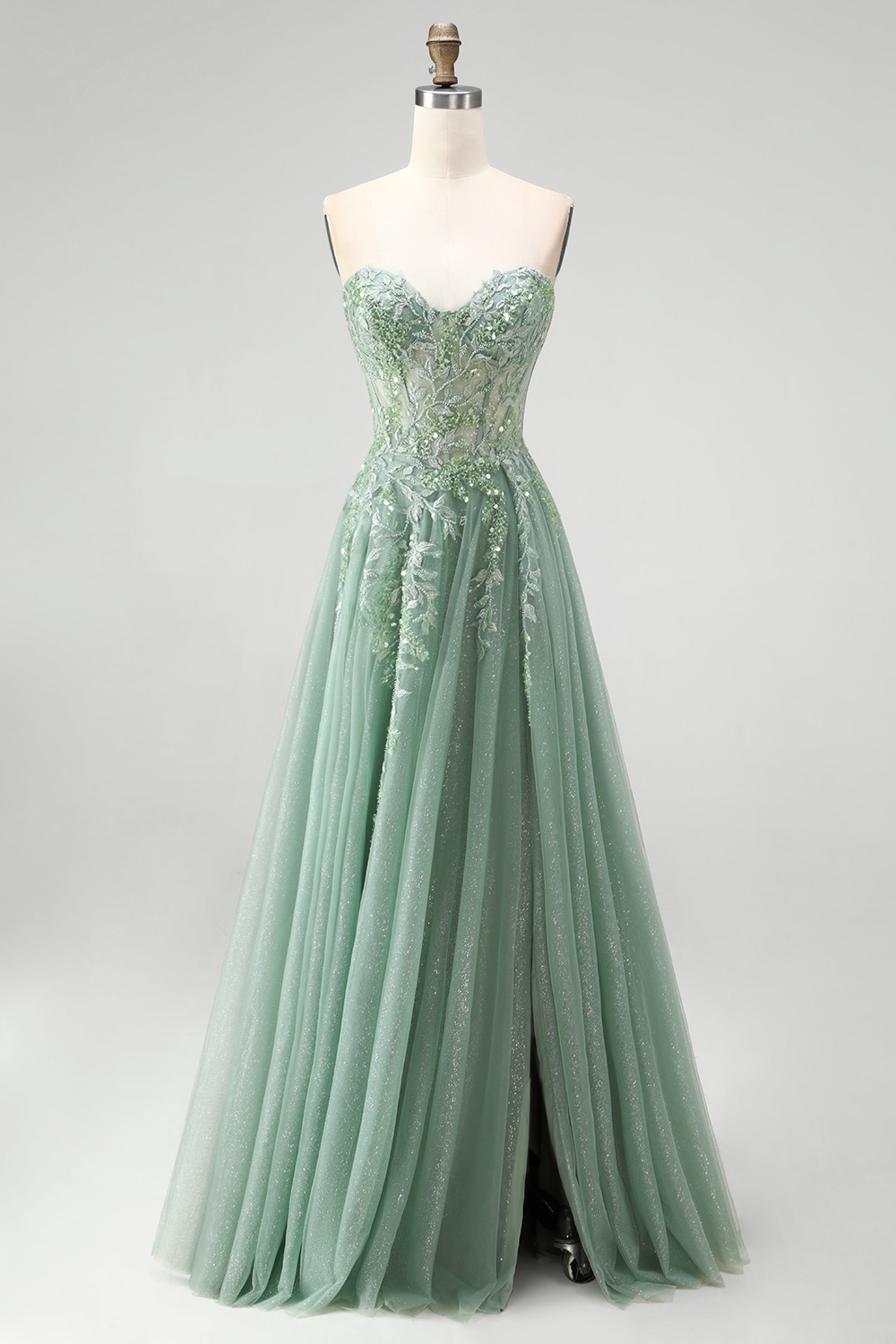 Floral Dusty Sage Sparkly Sweetheart Sequin Long Prom Dress with Slit