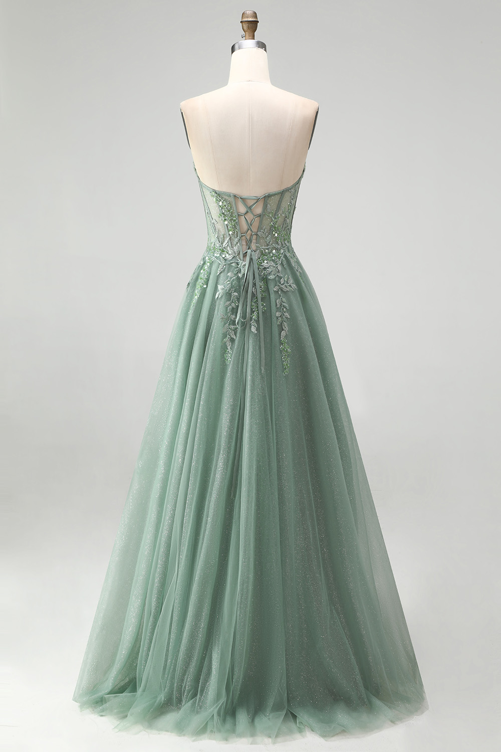 Floral Dusty Sage Sparkly Sweetheart Sequin Long Prom Dress with Slit