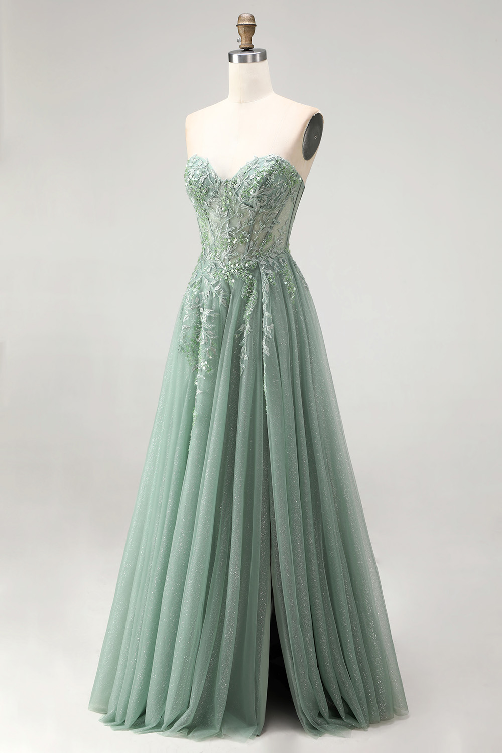 Floral Dusty Sage Sparkly Sweetheart Sequin Long Prom Dress with Slit