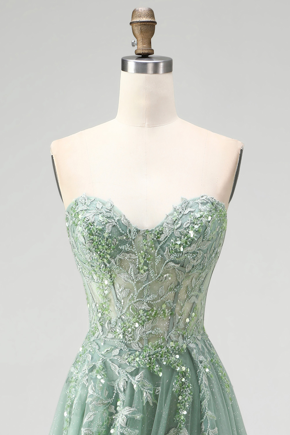 Floral Dusty Sage Sparkly Sweetheart Sequin Long Prom Dress with Slit