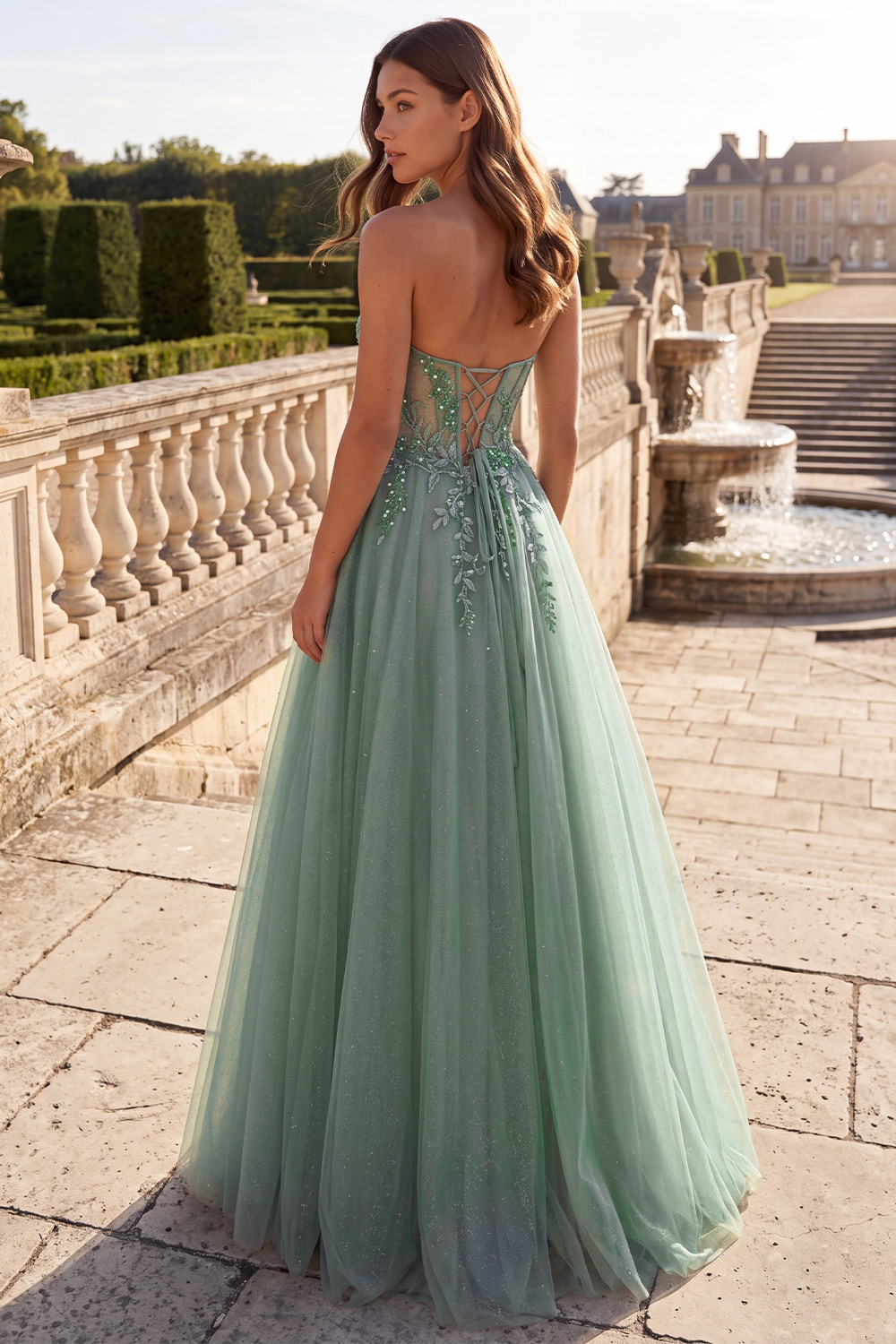 Floral Dusty Sage Sparkly Sweetheart Sequin Long Prom Dress with Slit