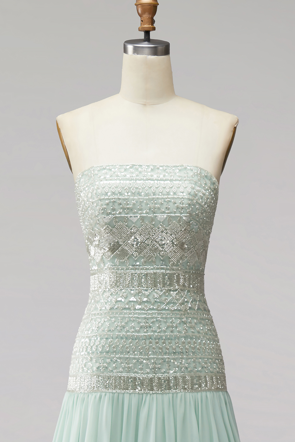 Mint Sparkly Sequin Strapless Chiffon Long Formal Dress