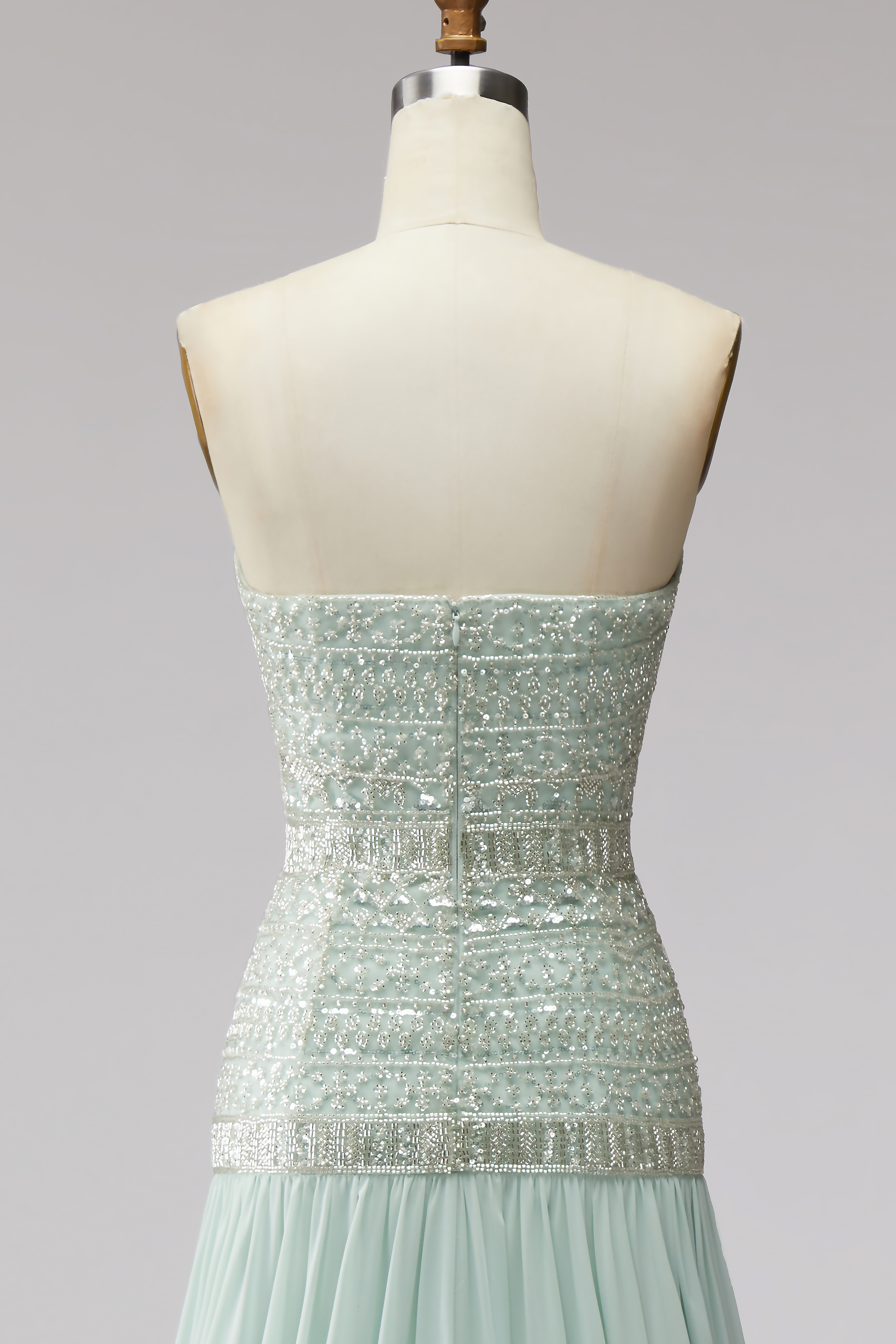 Mint Sparkly Sequin Strapless Chiffon Long Formal Dress