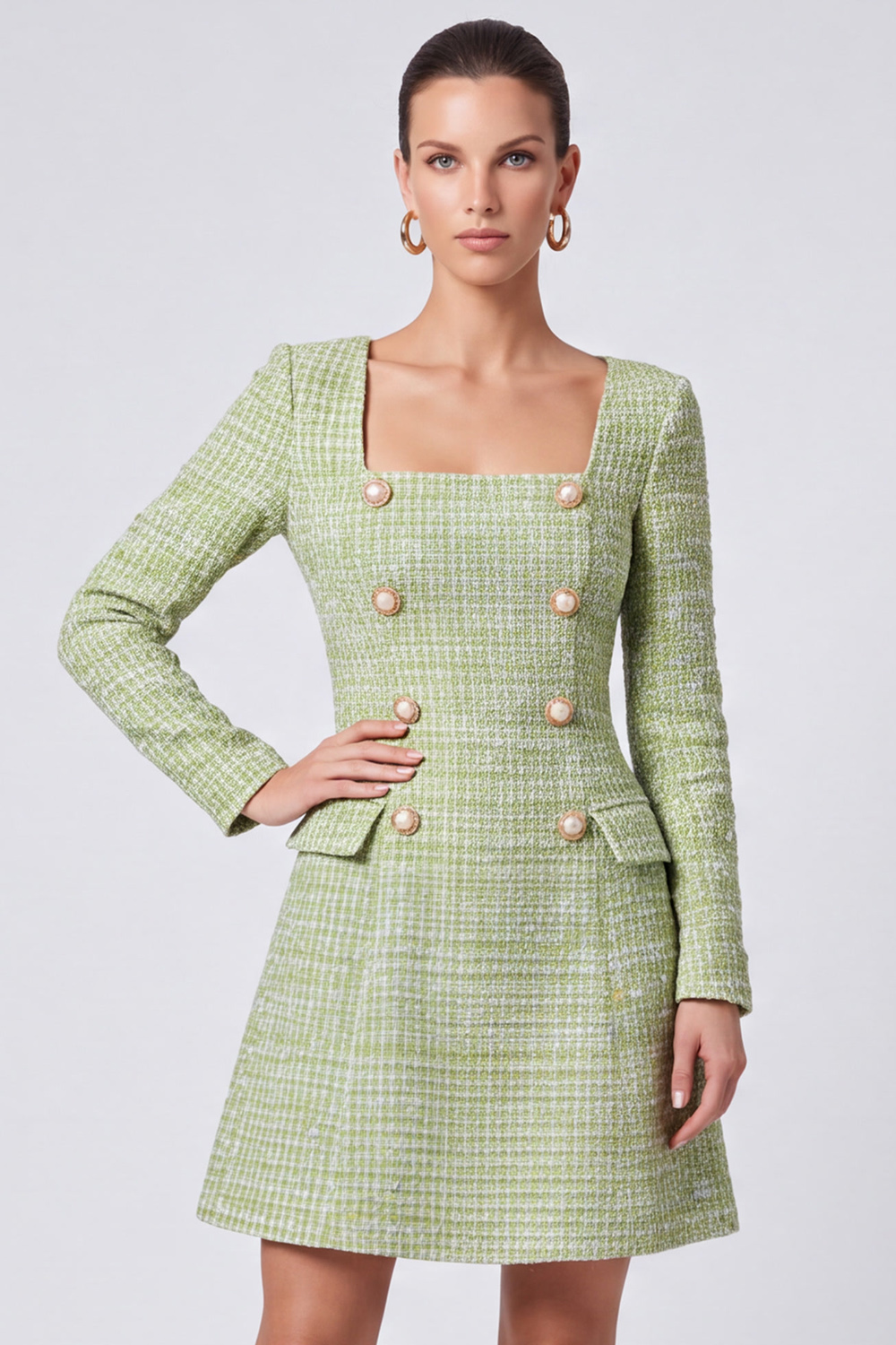 Light Green Square Neck Long Sleeves Short Homecoming Outfits with Covered Button