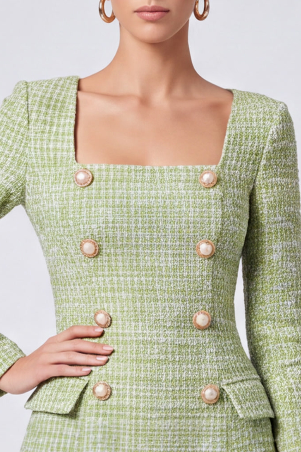 Light Green Square Neck Long Sleeves Short Homecoming Outfits with Covered Button