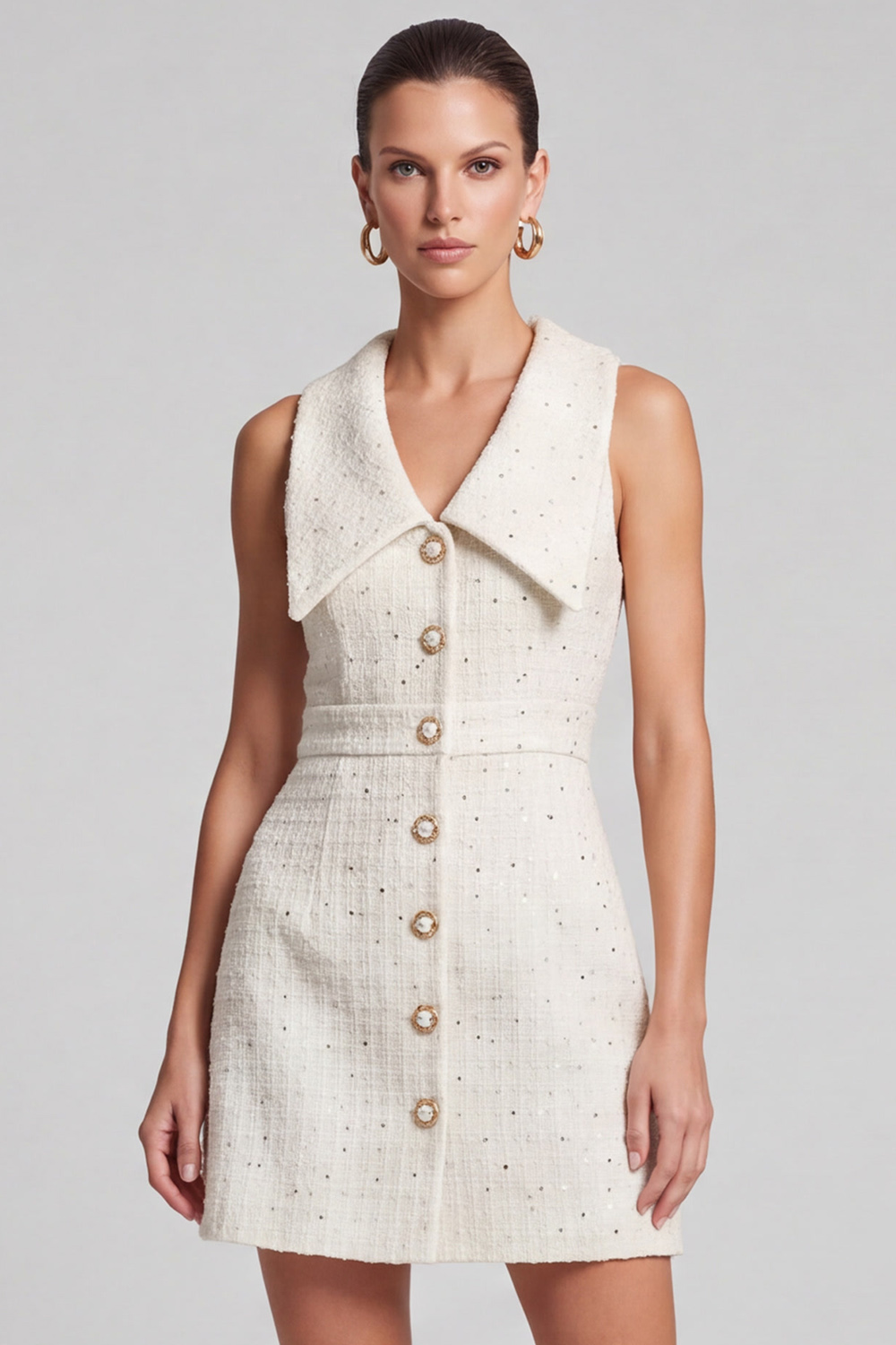 Ivory Sheath Collar Short Homecoming Outfits with Covered Button