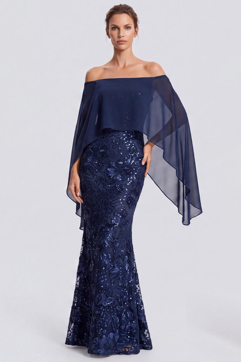 Sparkly Navy Off the Shoulder Sequins Floral Long Formal Dress with Cape