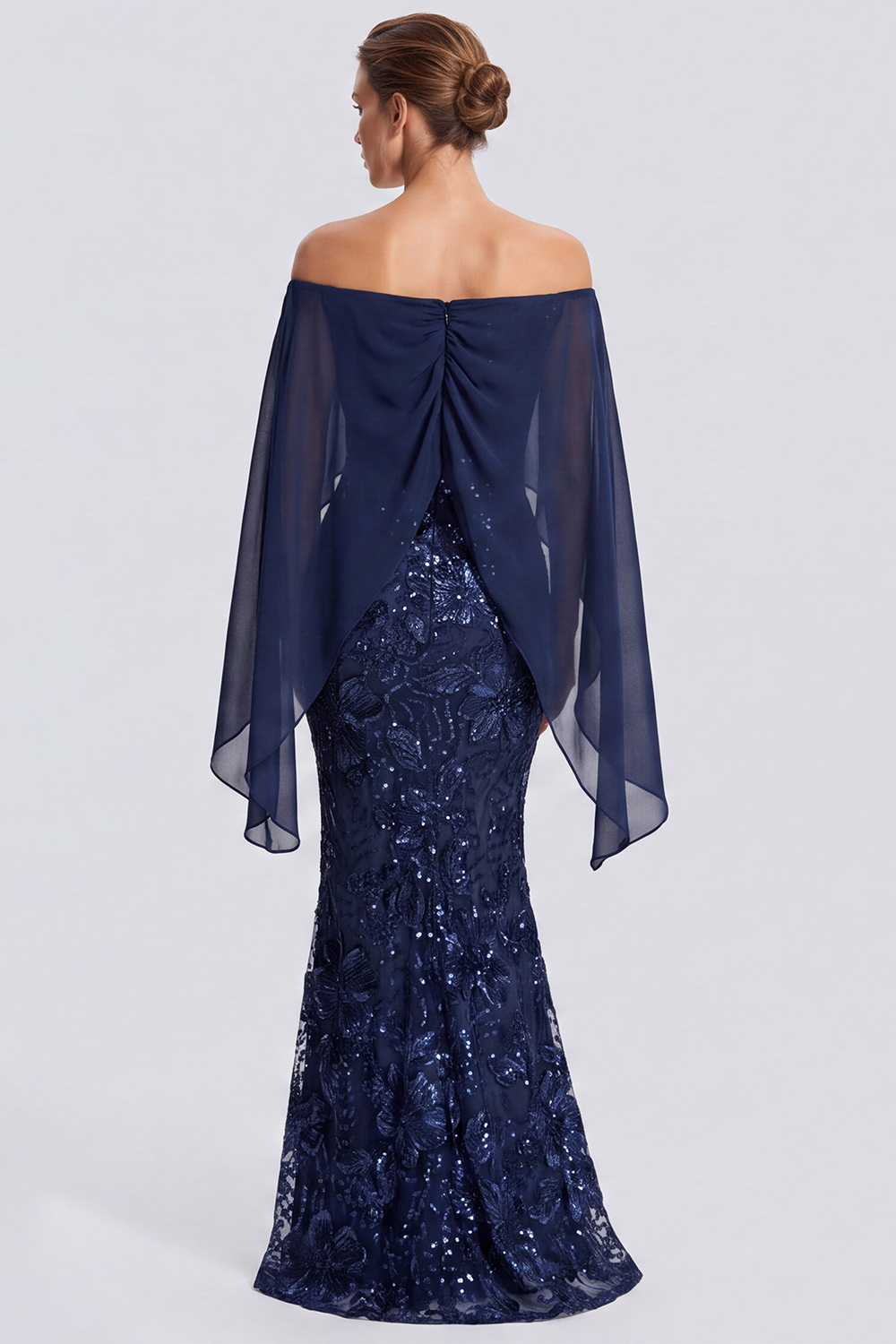 Sparkly Navy Off the Shoulder Sequins Floral Long Formal Dress with Cape