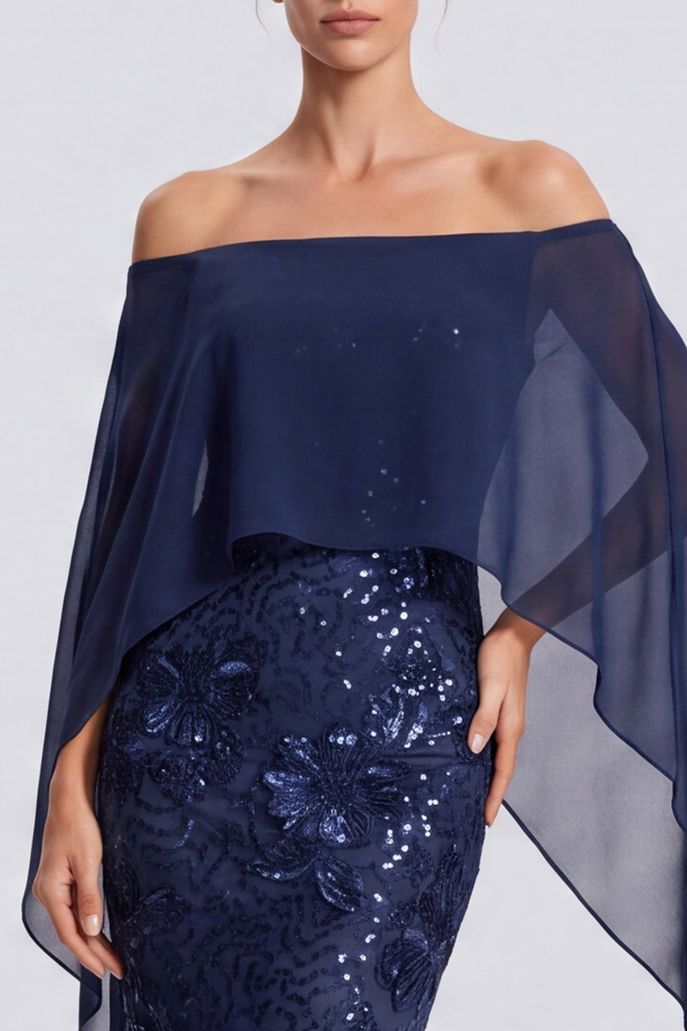 Sparkly Navy Off the Shoulder Sequins Floral Long Formal Dress with Cape
