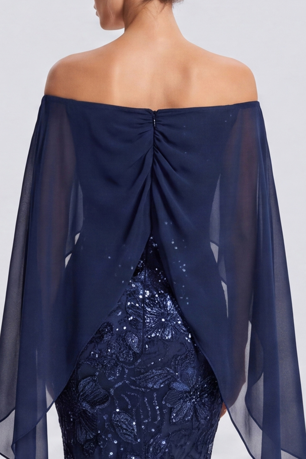 Sparkly Navy Off the Shoulder Sequins Floral Long Formal Dress with Cape