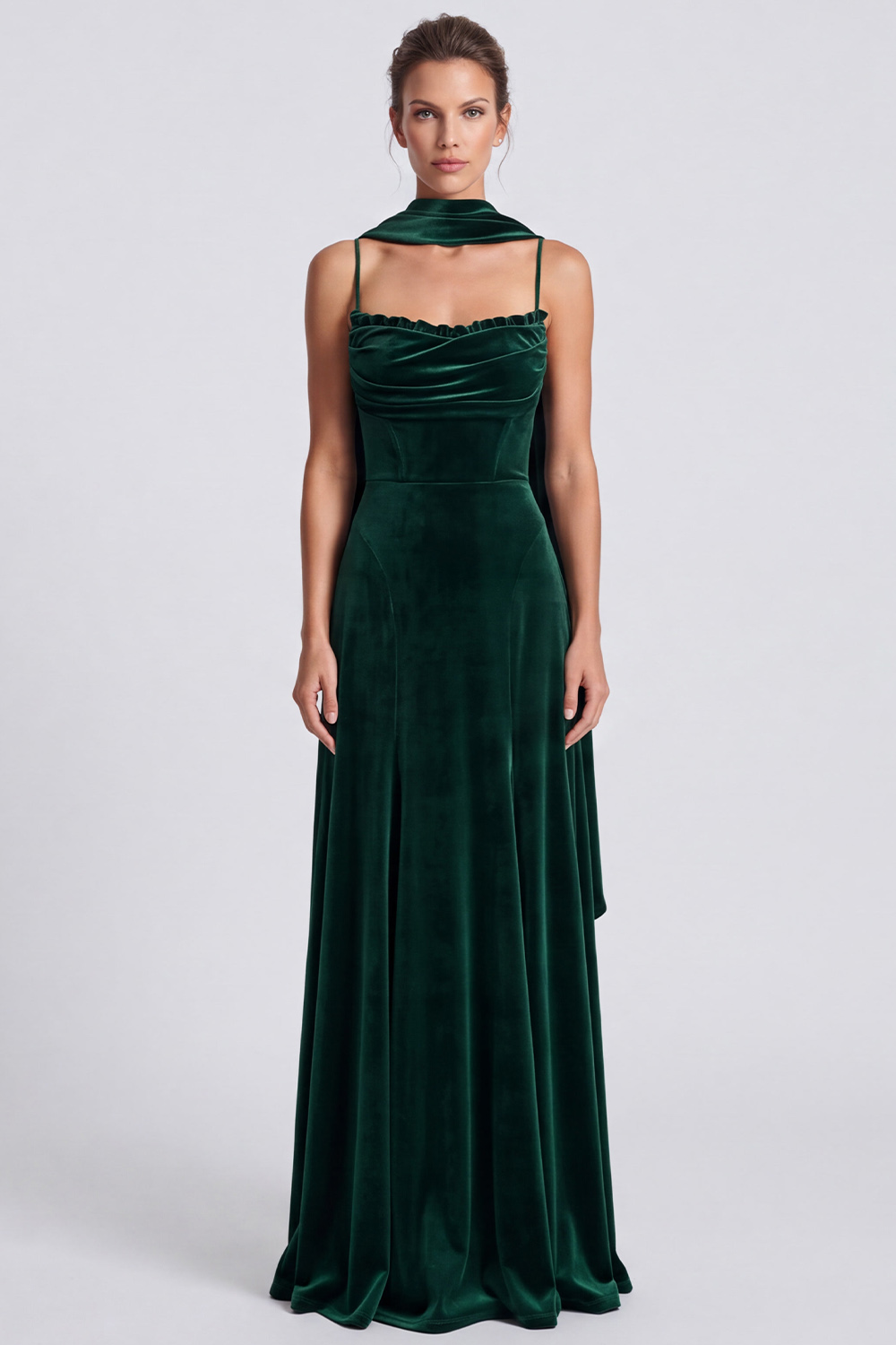 Dark Green Neck Scarf Velvet A-Line Long Holiday Party Dress