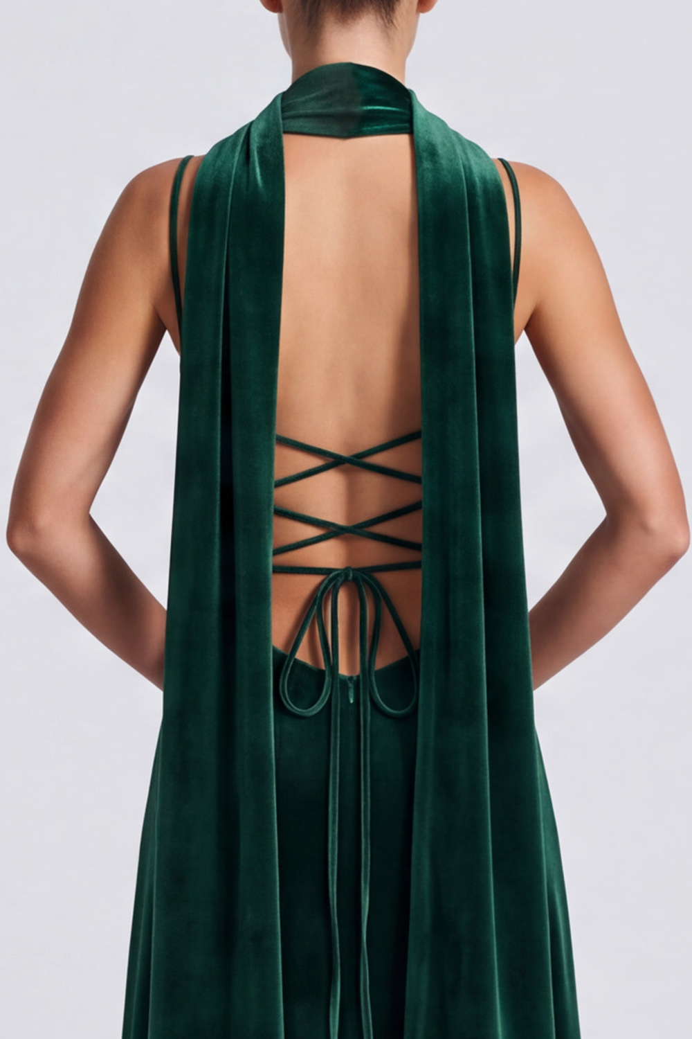 Dark Green Neck Scarf Velvet A-Line Long Holiday Party Dress