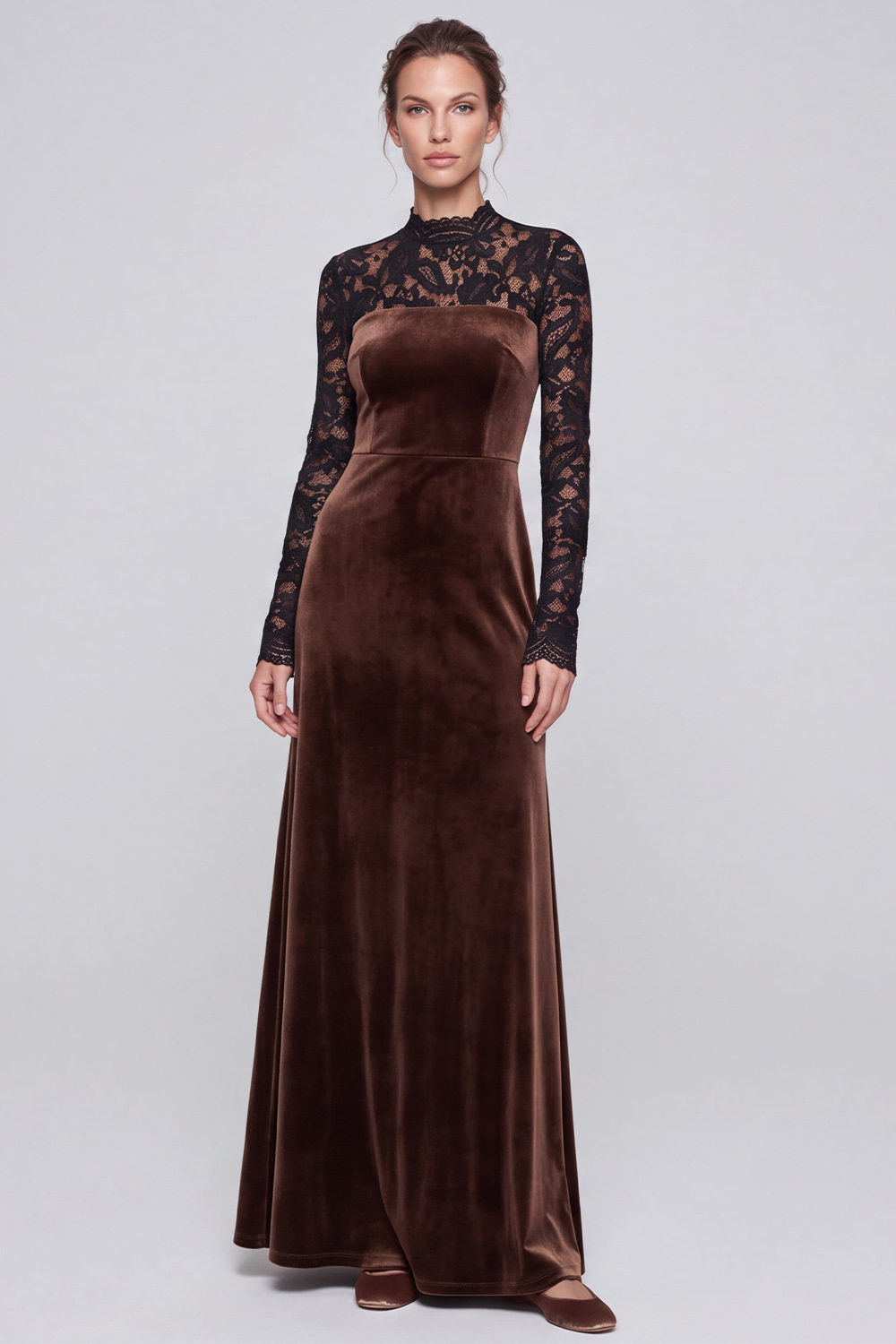 Coffee Sheath High Neck Long Sleeves Holiday Party Dress with Lace