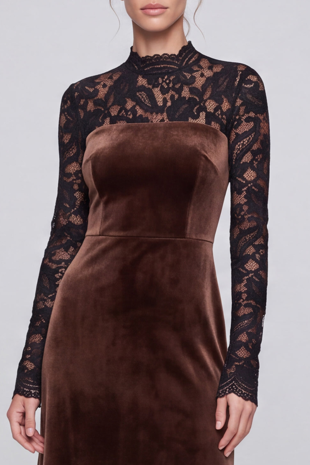 Coffee Sheath High Neck Long Sleeves Holiday Party Dress with Lace
