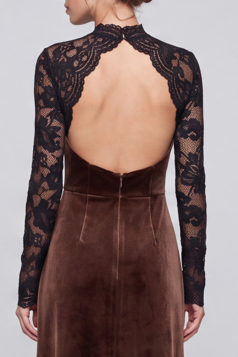 Coffee Sheath High Neck Long Sleeves Holiday Party Dress with Lace