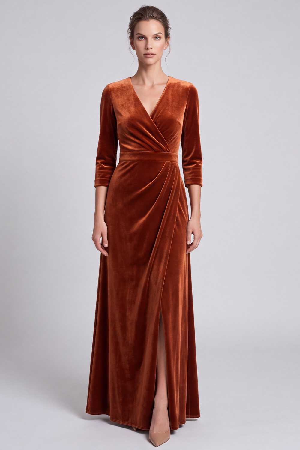 Caramel Velvet Sheath V-Neck 3/4 Sleeves Long Holiday Party Dress with Slit