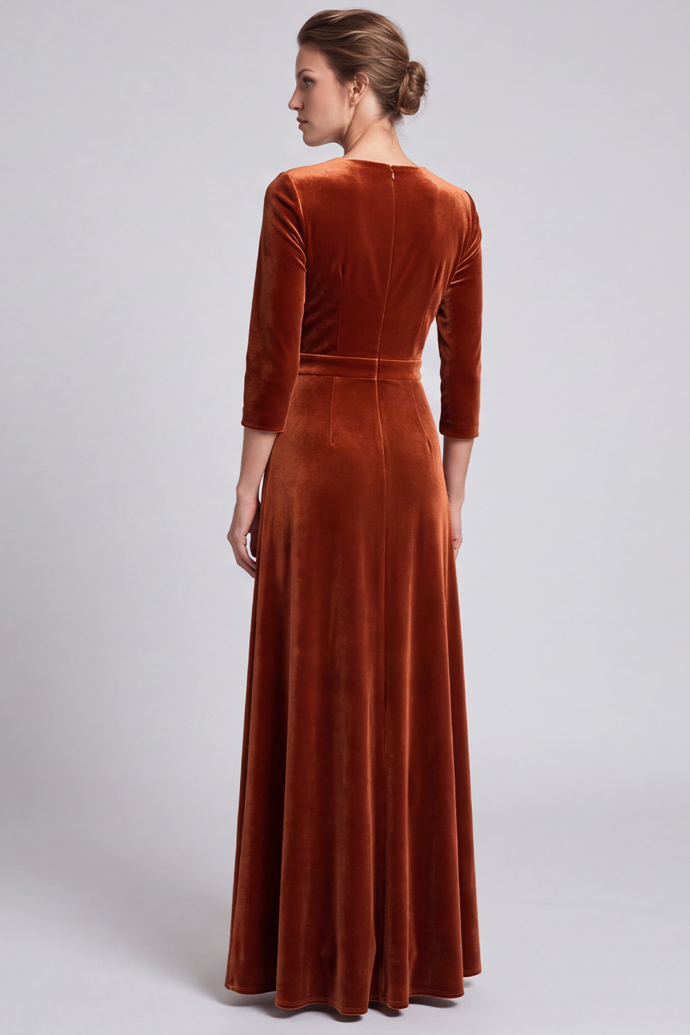 Caramel Velvet Sheath V-Neck 3/4 Sleeves Long Holiday Party Dress with Slit