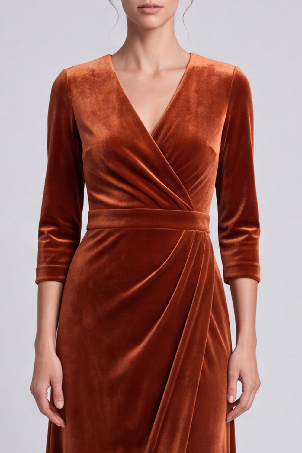 Caramel Velvet Sheath V-Neck 3/4 Sleeves Long Holiday Party Dress with Slit