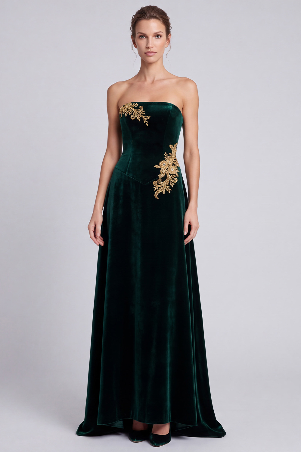 Dark Green Velvet A-Line Strapless Long Holiday Party Dress with Appliques