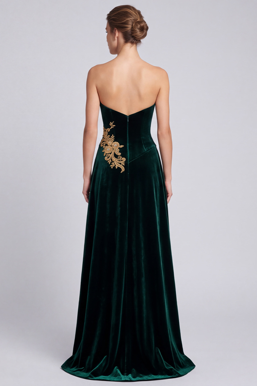 Dark Green Velvet A-Line Strapless Long Holiday Party Dress with Appliques
