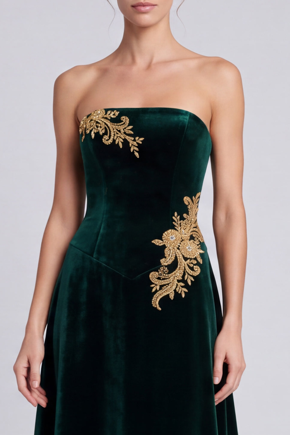 Dark Green Velvet A-Line Strapless Long Holiday Party Dress with Appliques