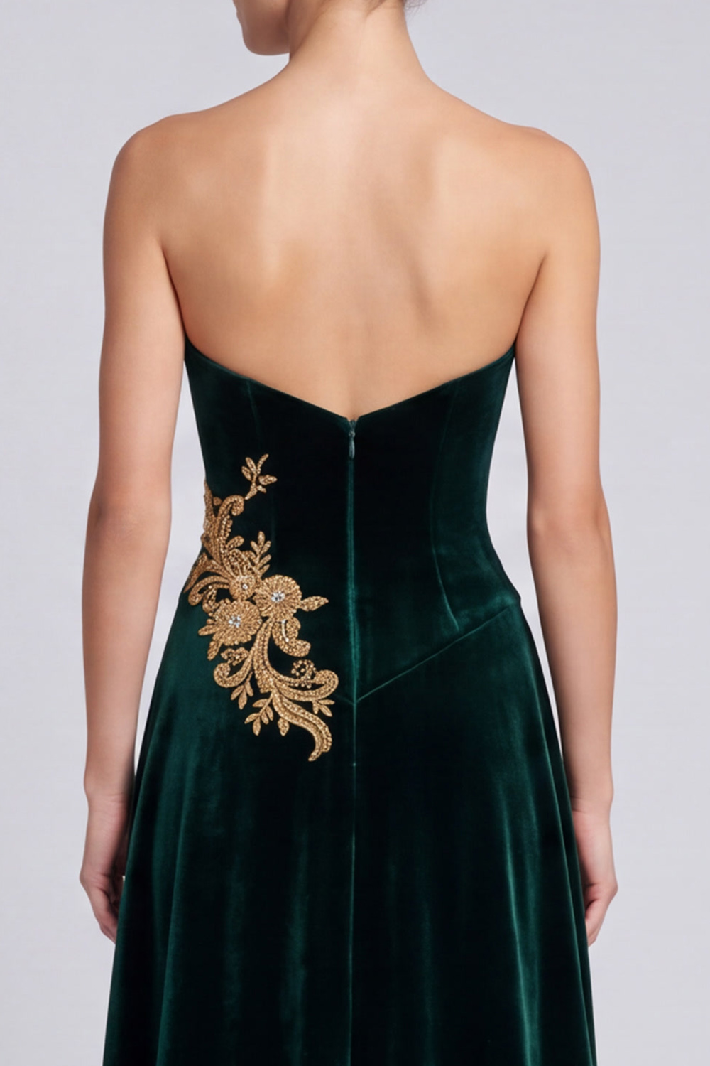 Dark Green Velvet A-Line Strapless Long Holiday Party Dress with Appliques