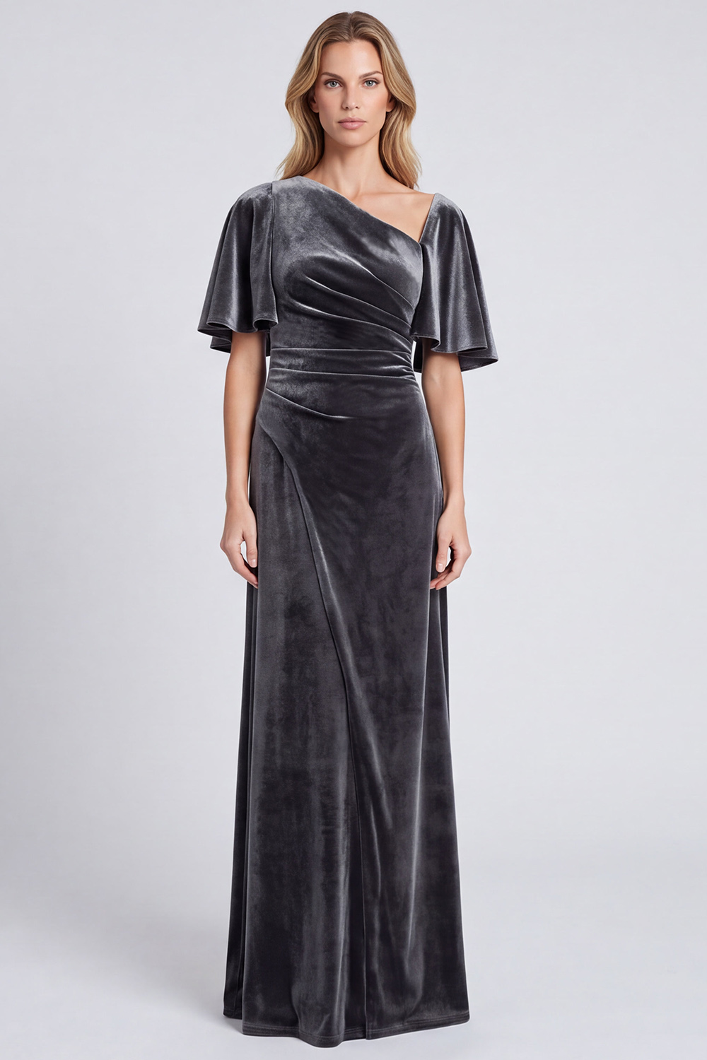 Dark Grey Sheath Asymmetrical Neck Velvet Ruched Long Holiday Party Dress