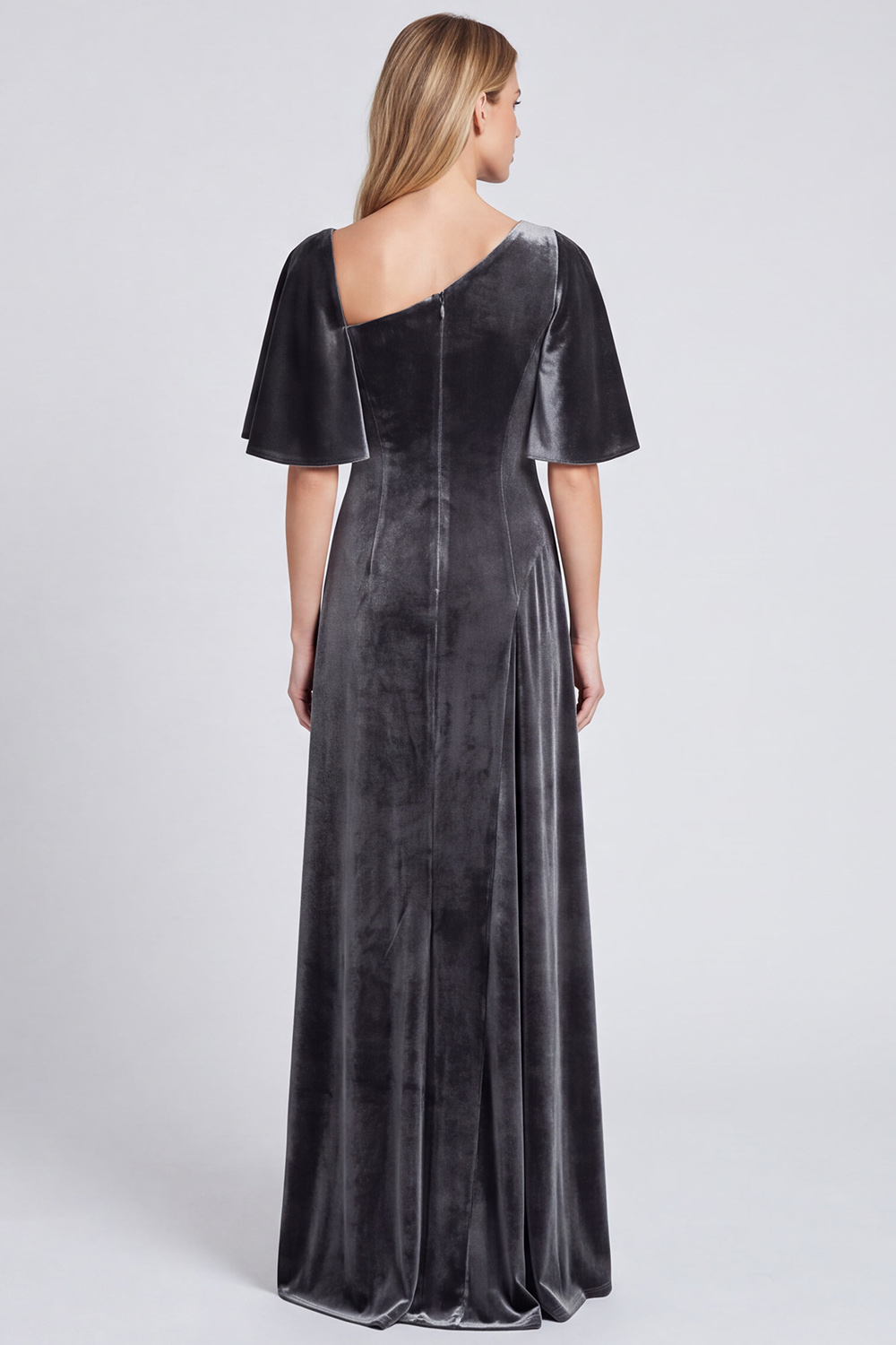 Dark Grey Sheath Asymmetrical Neck Velvet Ruched Long Holiday Party Dress