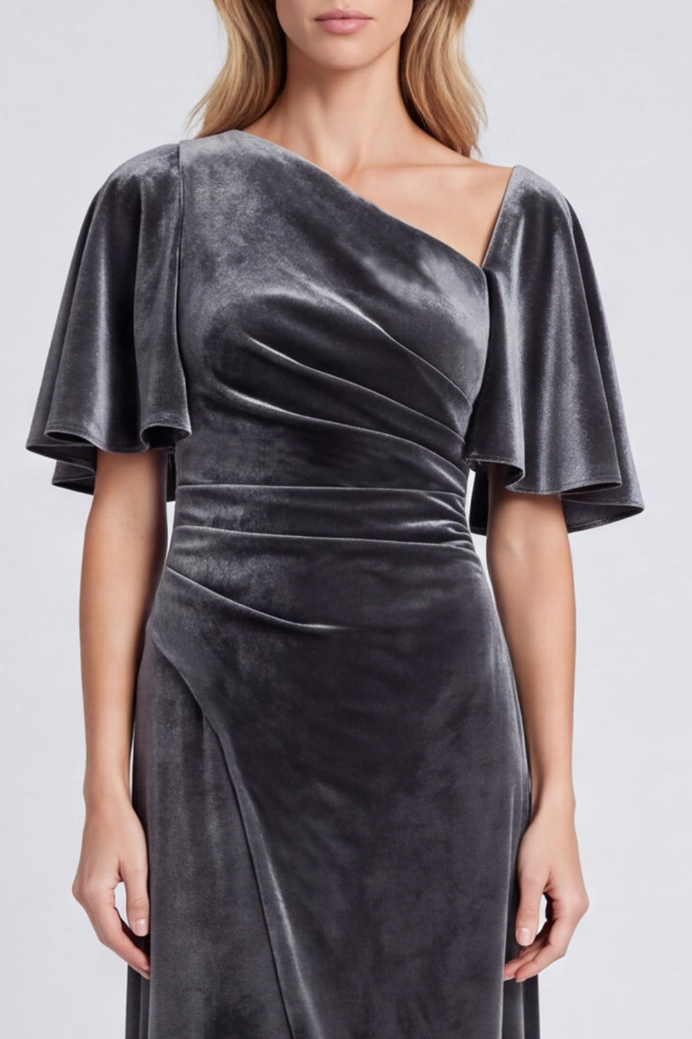 Dark Grey Sheath Asymmetrical Neck Velvet Ruched Long Holiday Party Dress