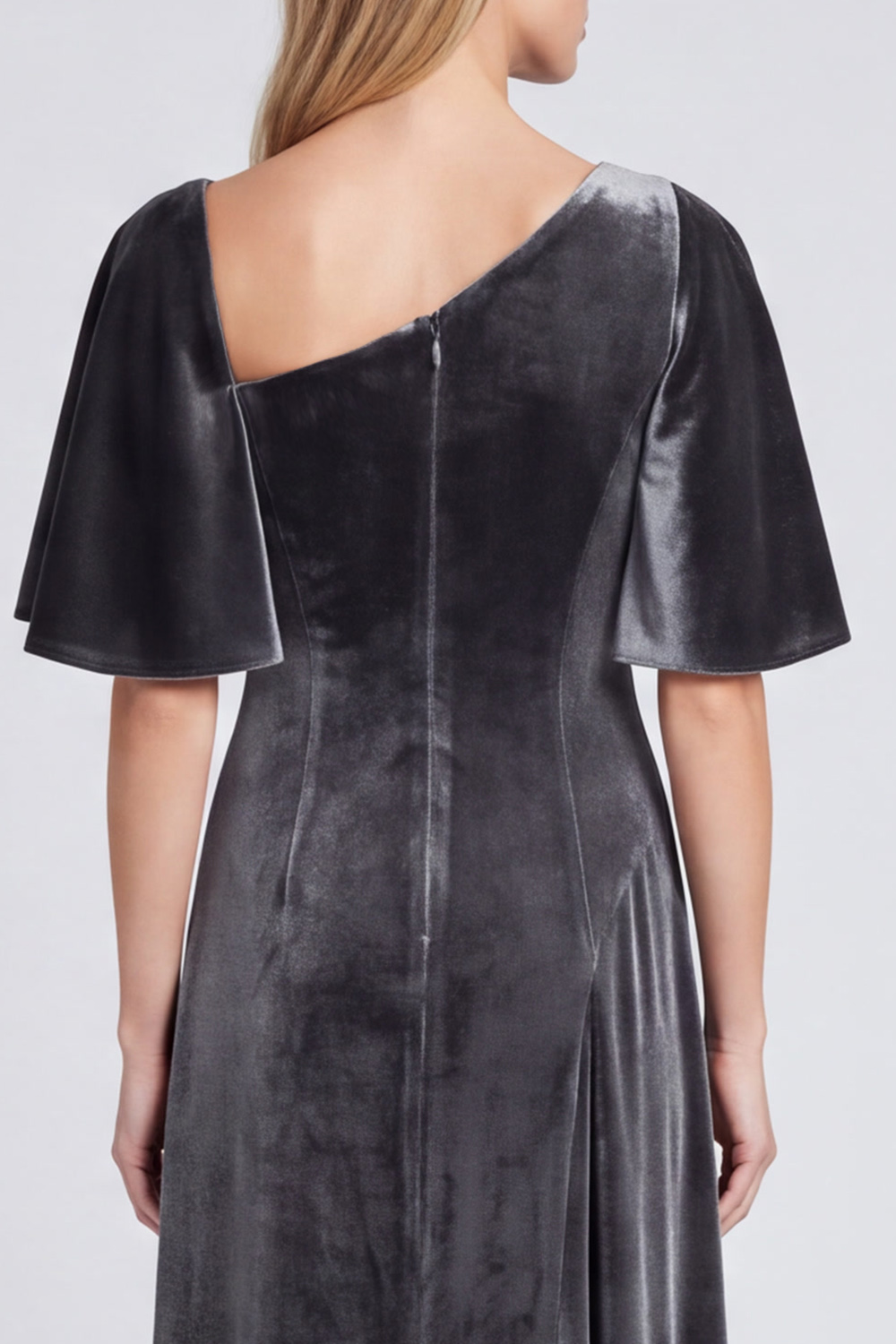 Dark Grey Sheath Asymmetrical Neck Velvet Ruched Long Holiday Party Dress