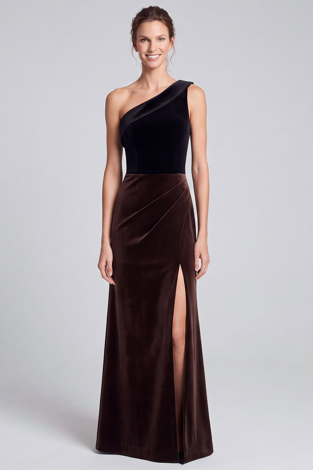 Black and Brown Velvet Sheath One Shoulder Long Holiday Party Dress