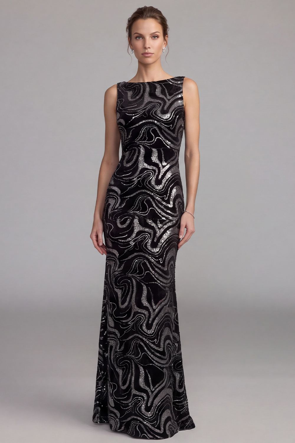 Black Sparkly Sheath Sequin Boat Neck Long Formal Dress