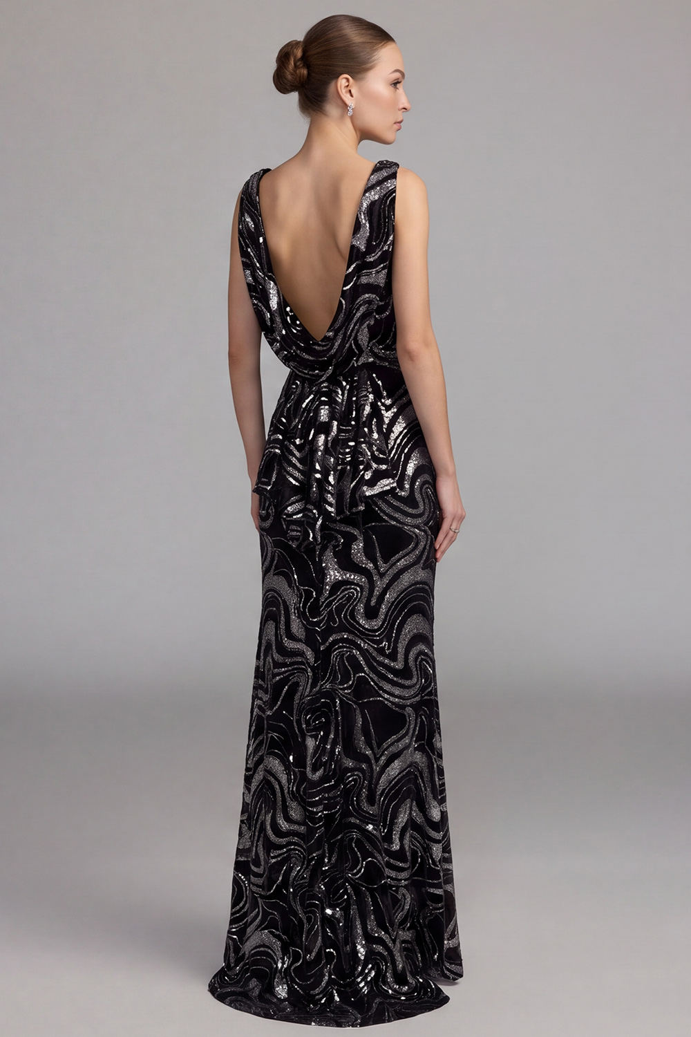 Black Sparkly Sheath Sequin Boat Neck Long Formal Dress