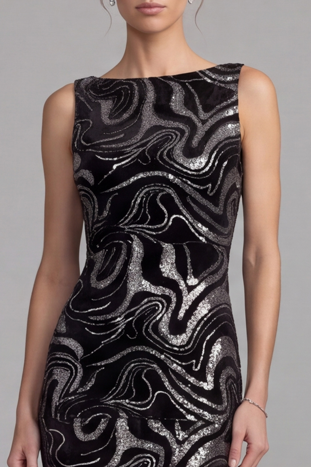 Black Sparkly Sheath Sequin Boat Neck Long Formal Dress