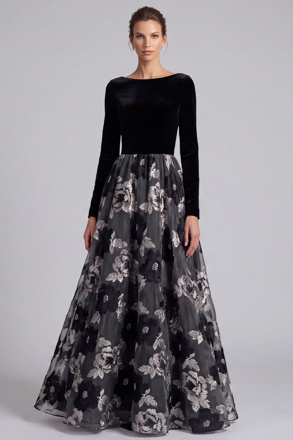 Black A-Line Boat Neck Floral Long Sleeves Holiday Party Dress