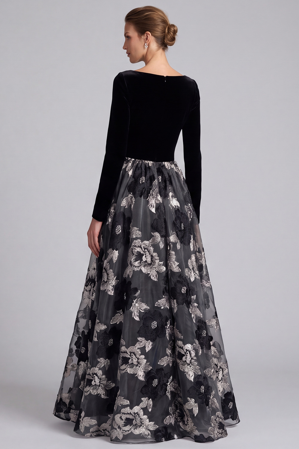 Black A-Line Boat Neck Floral Long Sleeves Holiday Party Dress