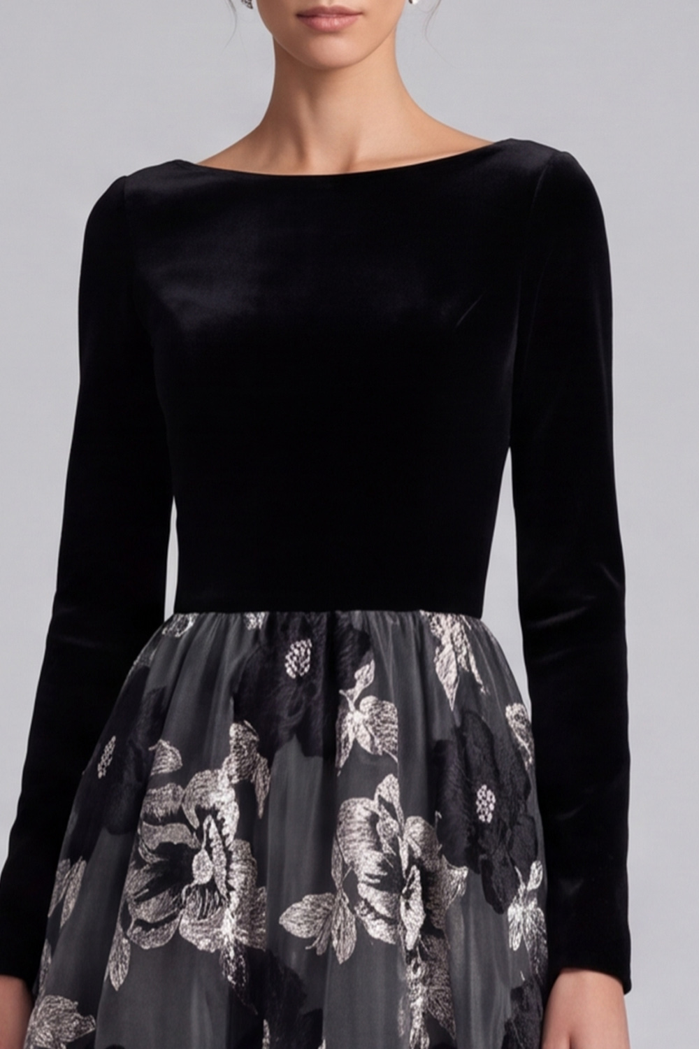 Black A-Line Boat Neck Floral Long Sleeves Holiday Party Dress