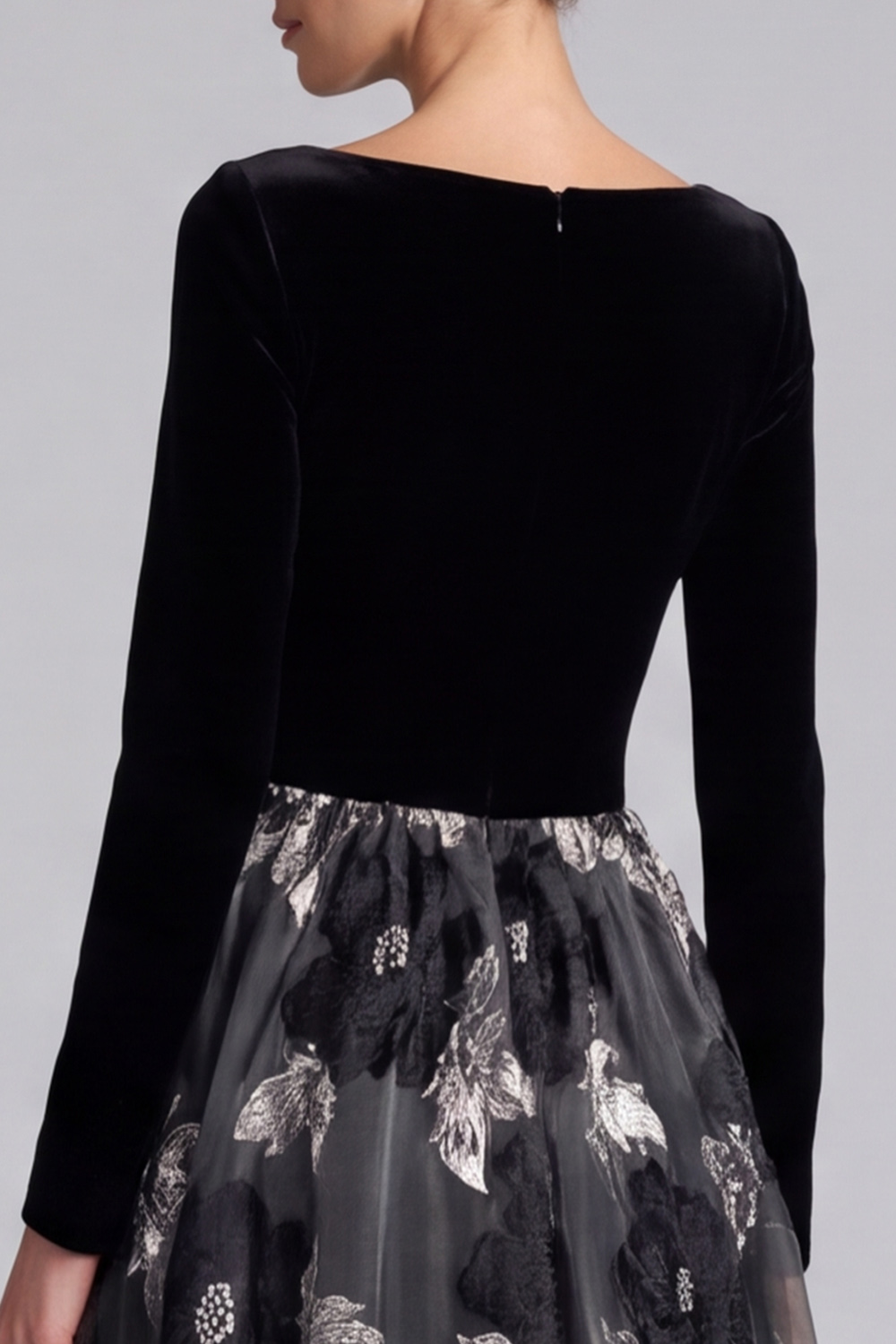 Black A-Line Boat Neck Floral Long Sleeves Holiday Party Dress