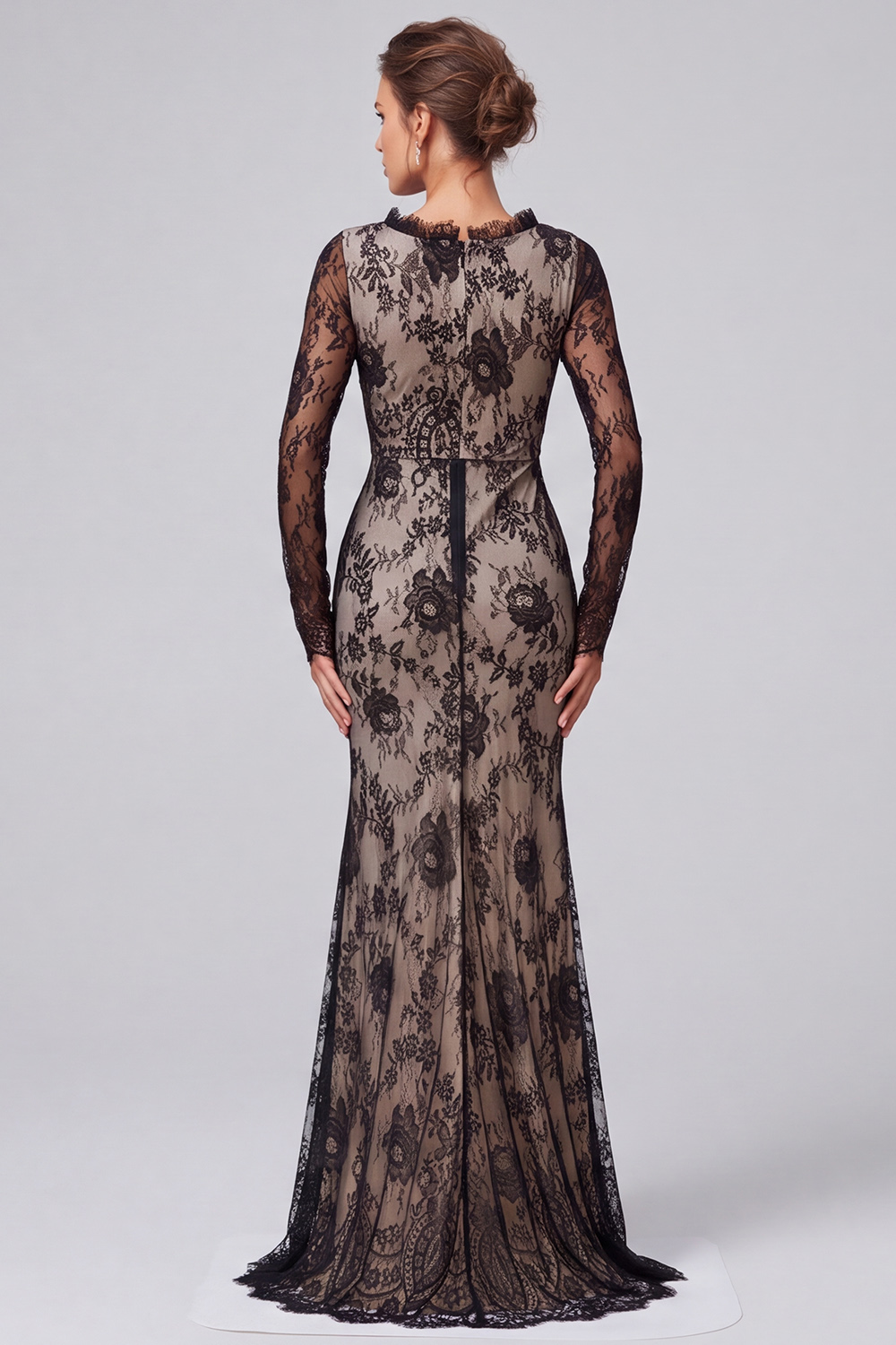 Black Floral Mermaid Round Neck Long Sleeves Formal Dress with Lace