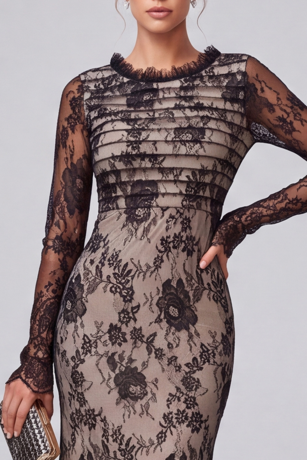 Black Floral Mermaid Round Neck Long Sleeves Formal Dress with Lace