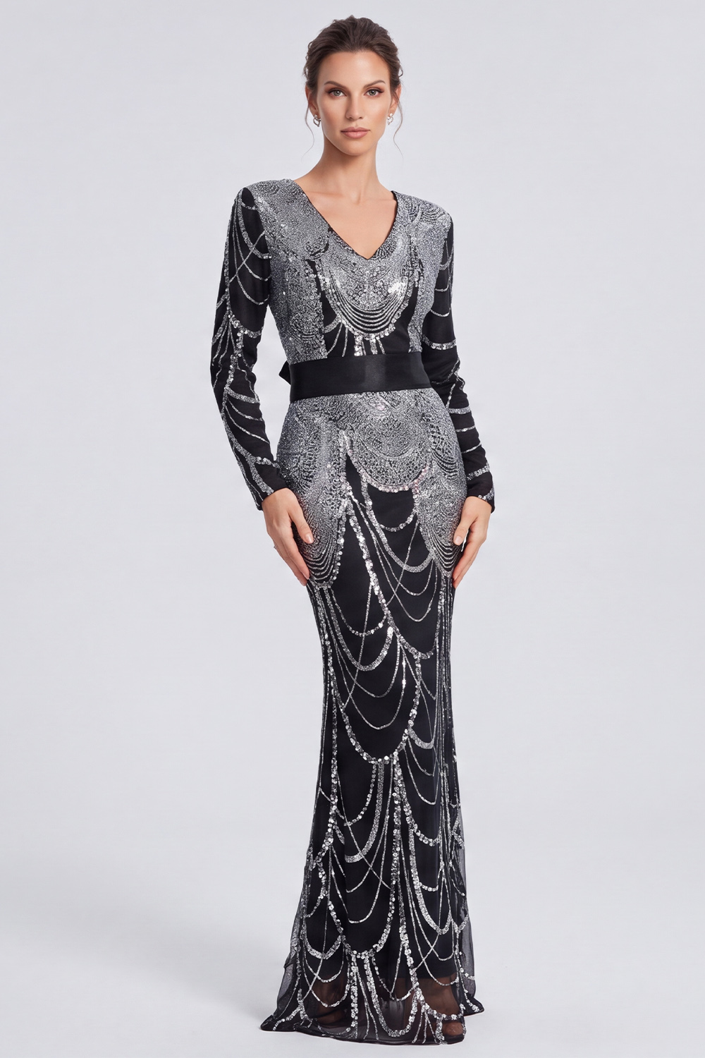 Black Mermaid V-Neck Long Sleeves Formal Dress with Belt