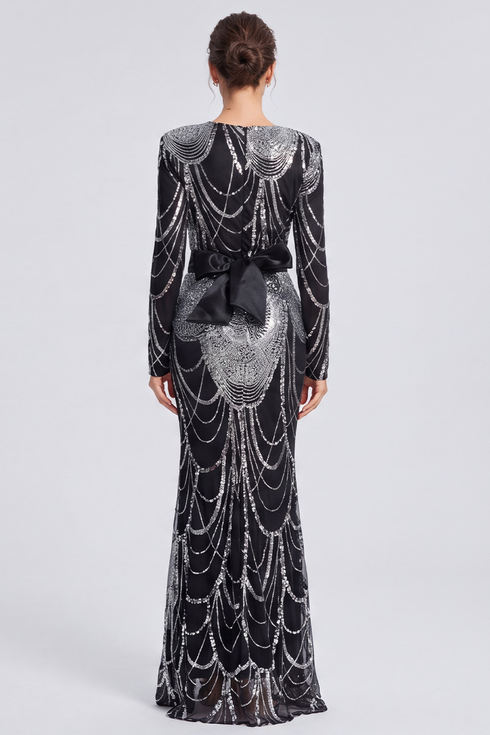 Black Mermaid V-Neck Long Sleeves Formal Dress with Belt