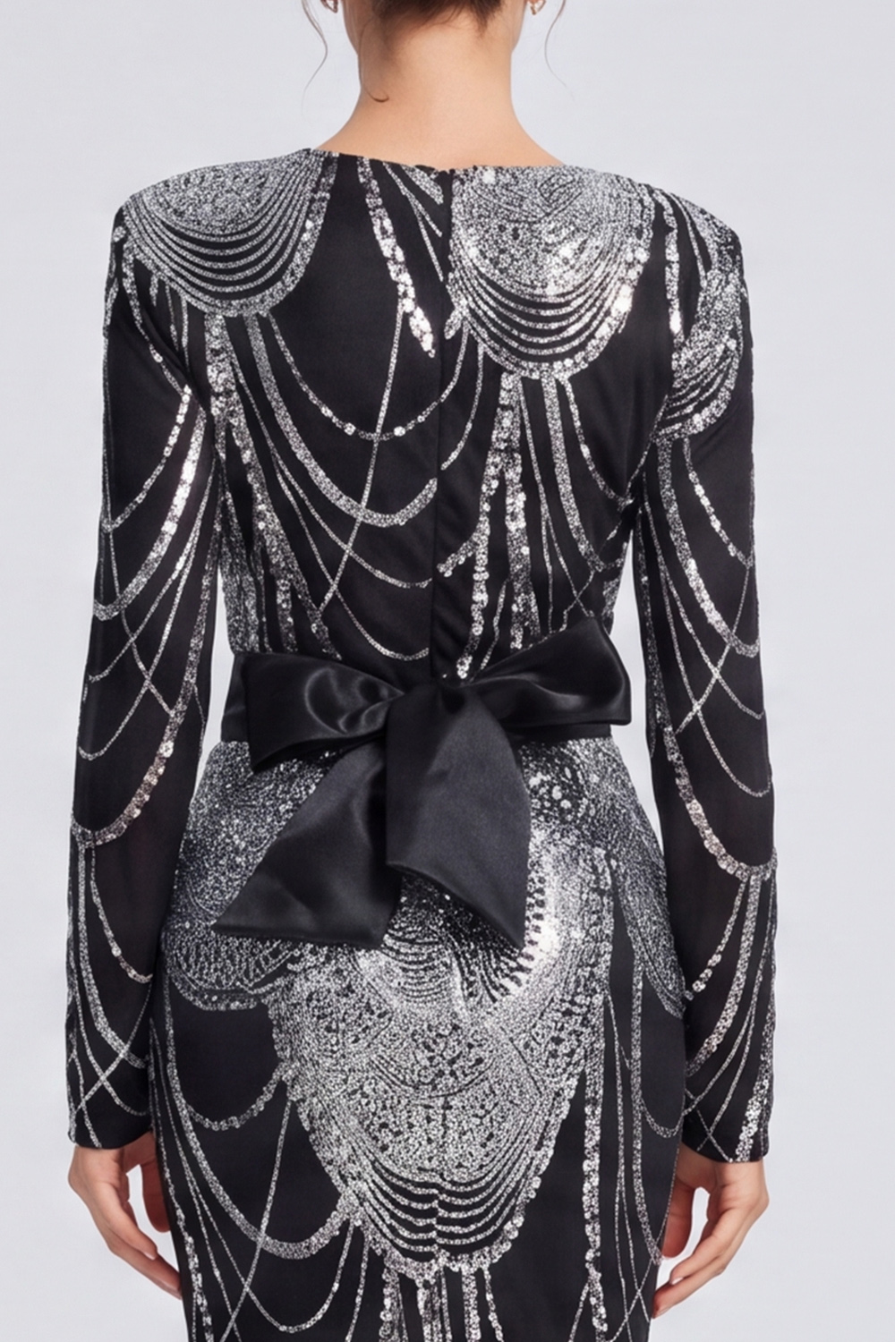 Black Mermaid V-Neck Long Sleeves Formal Dress with Belt