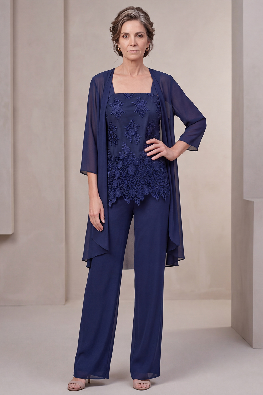 Navy 3-Piece Square Neck Chiffon Long Mother of the Bride Pantsuits with Lace