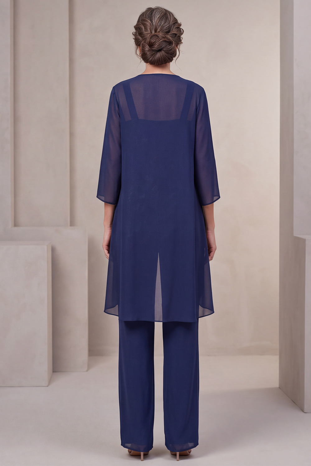 Navy 3-Piece Square Neck Chiffon Long Mother of the Bride Pantsuits with Lace