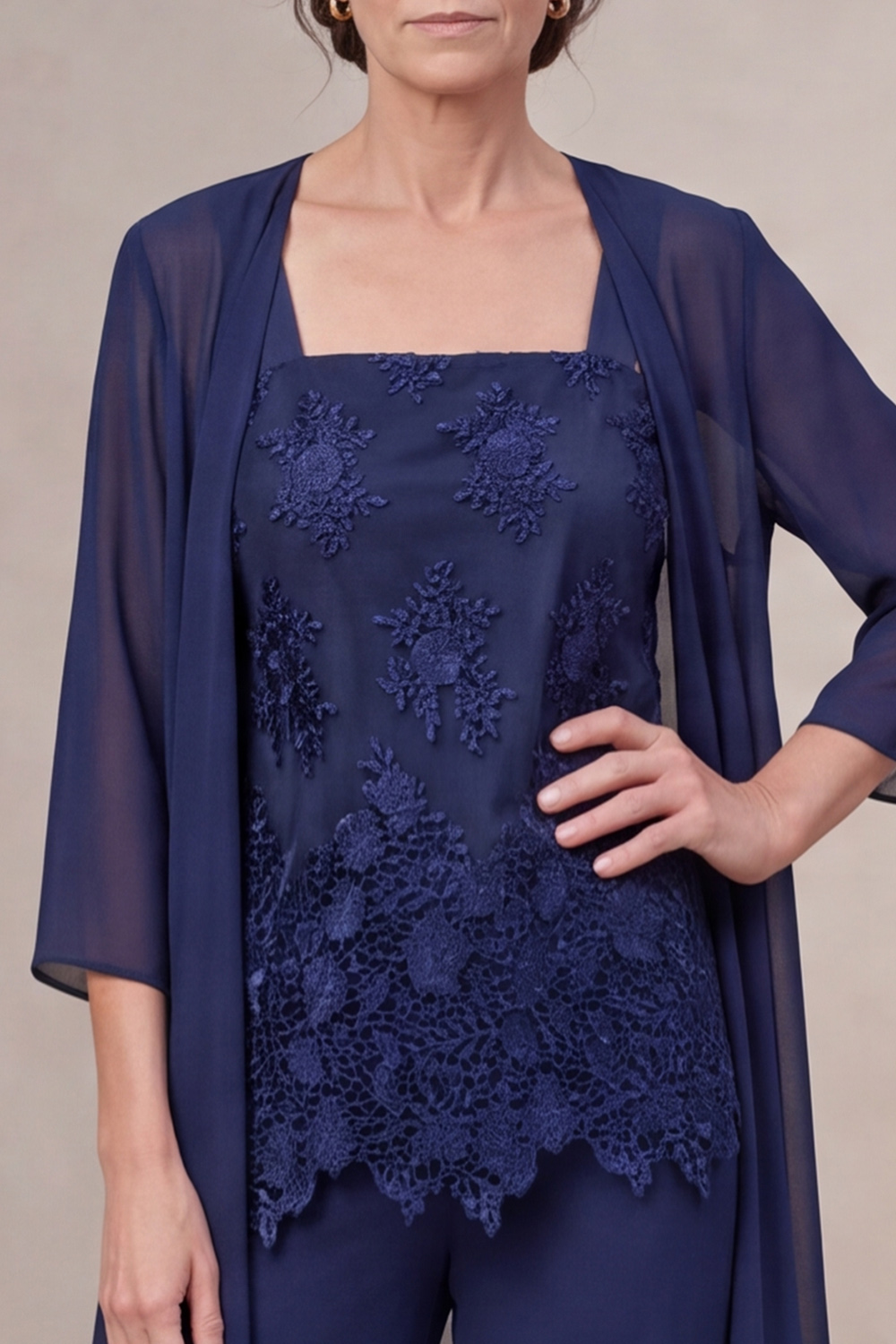 Navy 3-Piece Square Neck Chiffon Long Mother of the Bride Pantsuits with Lace