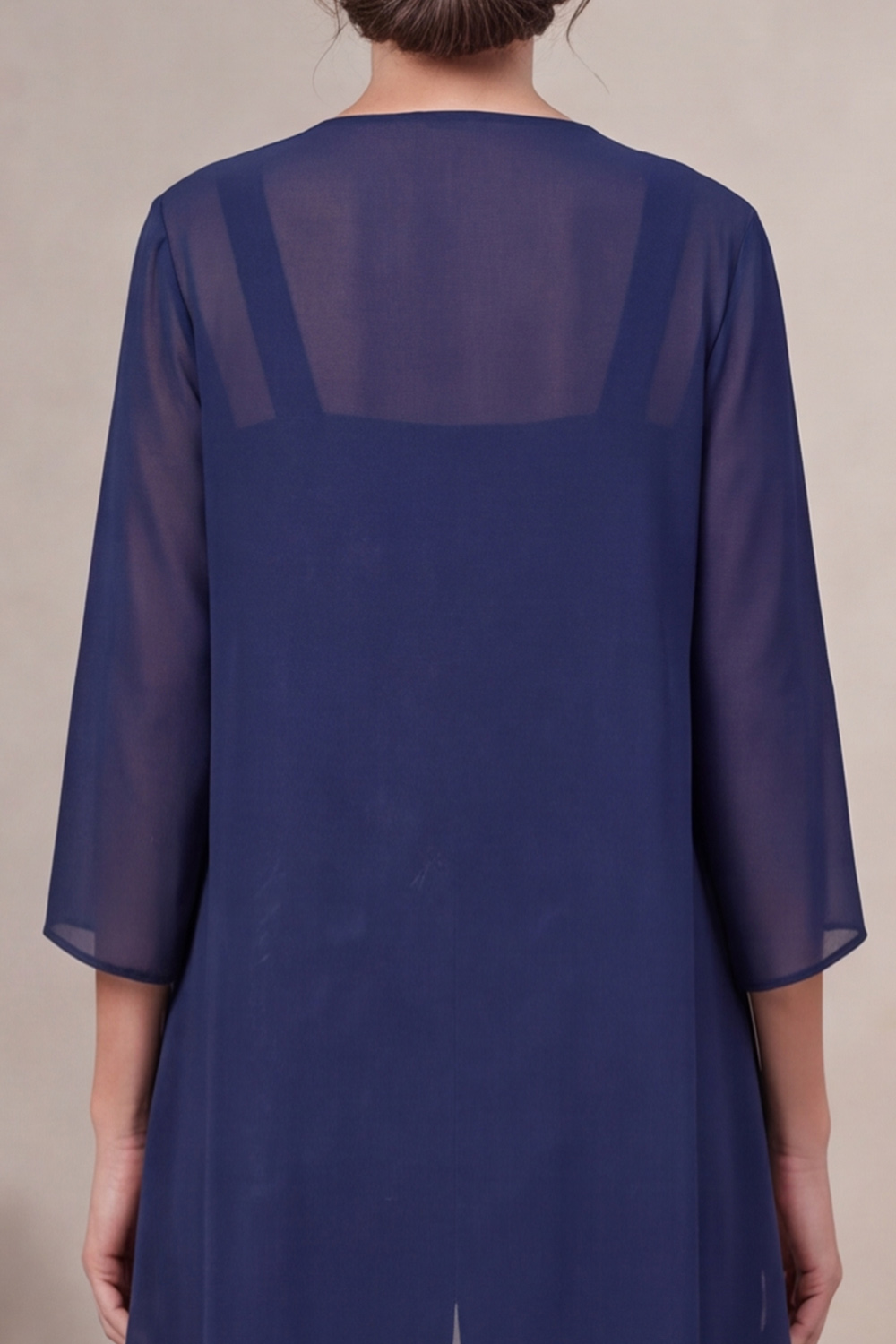 Navy 3-Piece Square Neck Chiffon Long Mother of the Bride Pantsuits with Lace